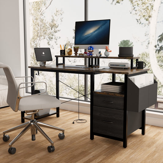 IMKHK Home Office Desk with 2 Movable Monitor Stands, Reversible Computer Desk with Charging Staion, 2 Fabric Drawers and Large Side Pocket, Writing Gaming Desk with 1 Hook for Bedroom Office, Black