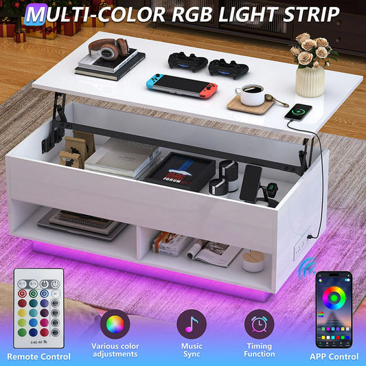 IMKHK LED Coffee Table with 2 Drawers, Lift Top Coffee Table with Hidden Storage and Charging Station, Modern High Glossy Center Table for Living Room, Sofa Side Tea Tables with Rising Top, Black