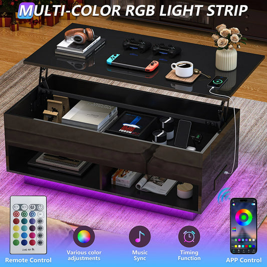 IMKHK LED Coffee Table with Storage, Lift Top Coffee Table for Living Room with Hidden Compartment and Charging Station, Rectangular Modern High Gloss Center Table with Rising Top, Black