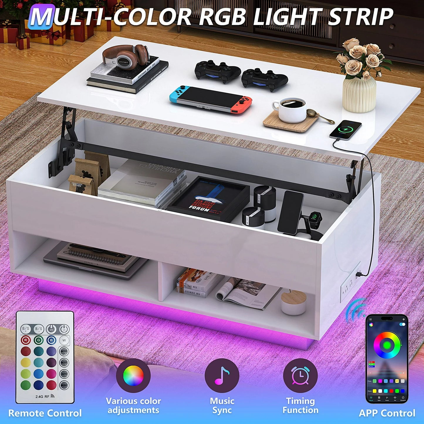 IMKHK LED Coffee Table with Storage, Lift Top Coffee Table for Living Room with Hidden Compartment and Charging Station, Rectangular Modern High Gloss Center Table with Rising Top, Black