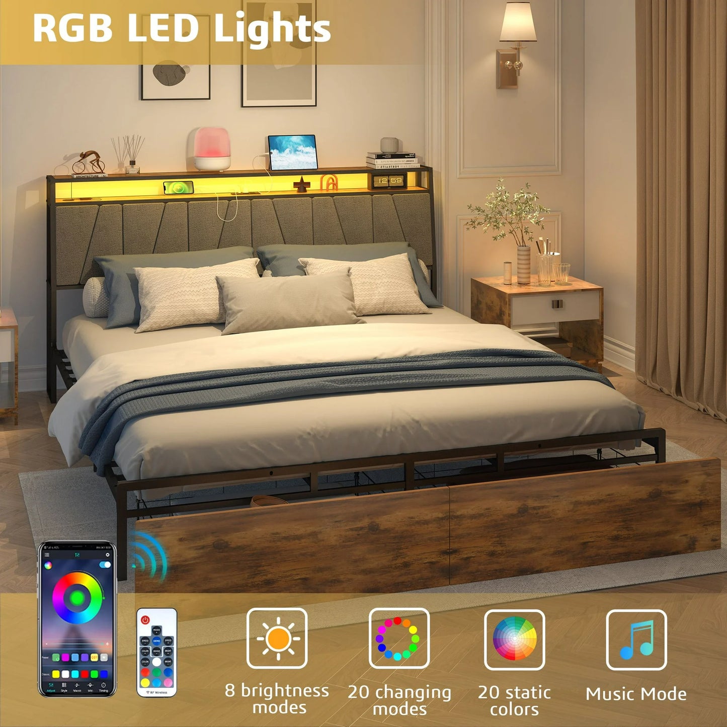 IMKHK LED Full Size Bed Frame, Metal Platform Bed Frame with Storage Headboard, 2 Drawers and Power Charging Station, Large Under Bed Storage, Strong Slats Support, No Box Spring Needed, Brown