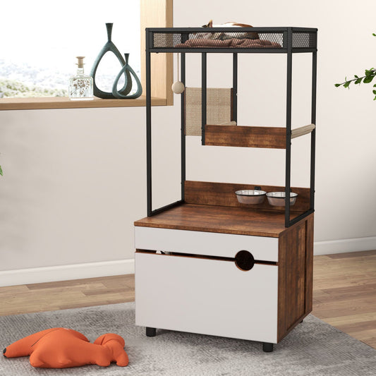 IMKHK Large Cat Litter Box Furniture, Cat House Enclosure with Scratching Pads and Feeding Bowls, Hidden Cat House with Flip-Down Door, Multi-Functional Wooden Cat Cabinet Indoor, Walnut