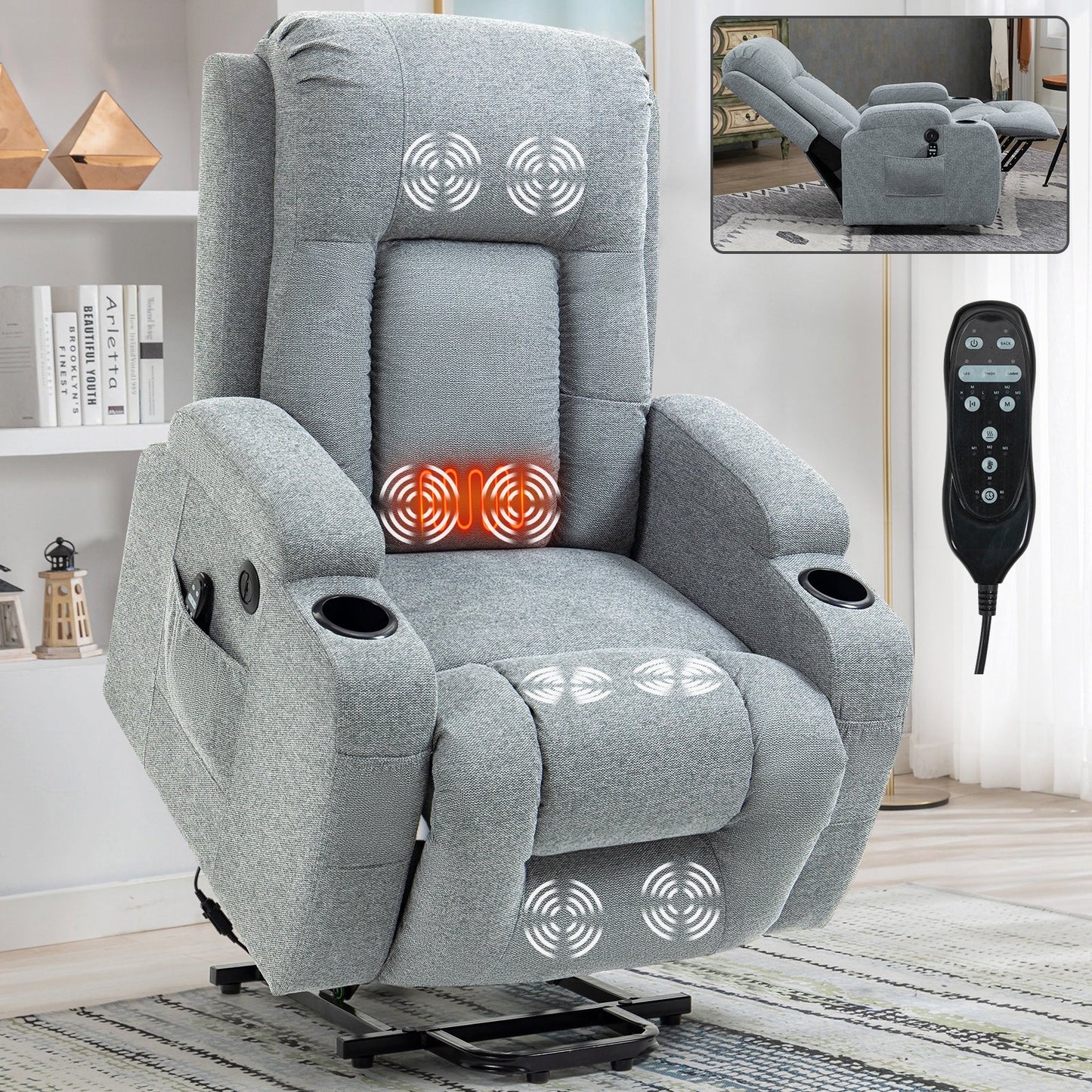 IMKHK Lift Recliner Chair for Adults, Electric Power Lift Recliners with Heat and Massage, Reclining Mechanism Electric Recliner with USB Port, Cup Holders, for Living Room Home Theater, Black