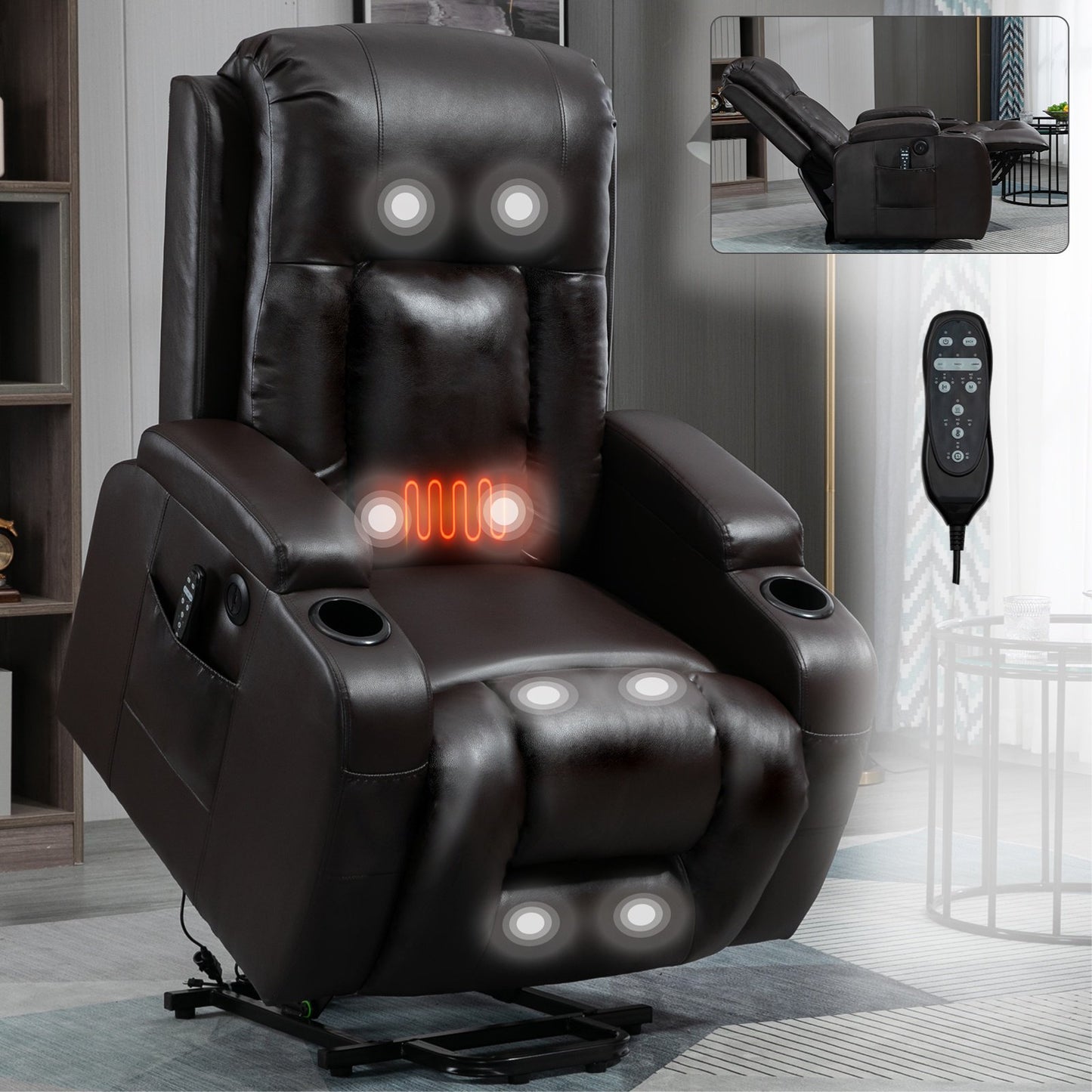 IMKHK Lift Recliner Chair for Adults, Electric Power Lift Recliners with Heat and Massage, Reclining Mechanism Electric Recliner with USB Port, Cup Holders, for Living Room Home Theater, Black