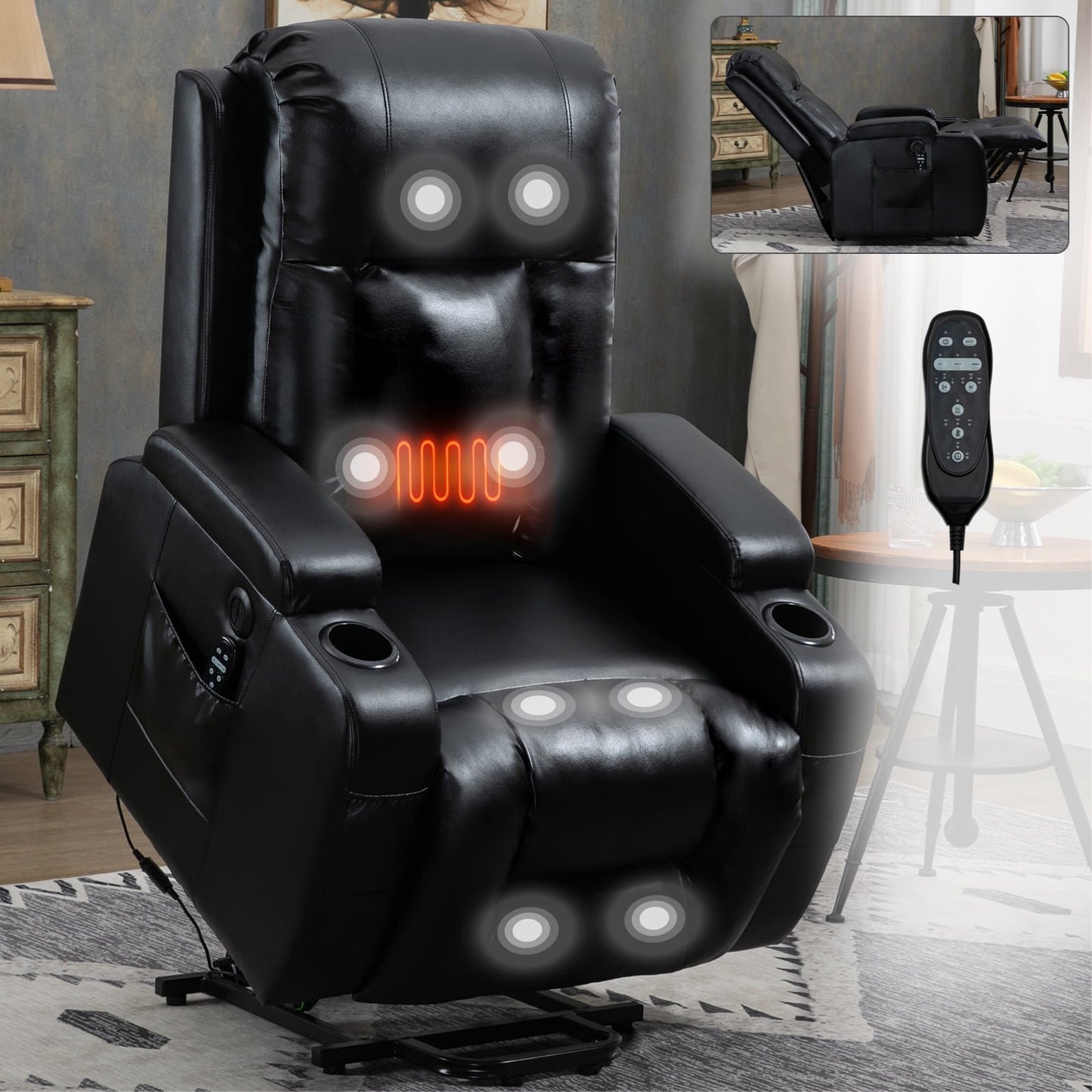 IMKHK Lift Recliner Chair for Adults, Electric Power Lift Recliners with Heat and Massage, Reclining Mechanism Electric Recliner with USB Port, Cup Holders, for Living Room Home Theater, Black