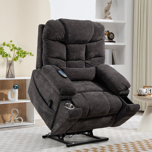 IMKHK Lift Recliner Chair with Waist Pillow for Elderly, Electric Power Lift Chair with Massage and Heat, Oversized Fabric Power Reclining Sofa with Charging Ports Cup Holders and Side Pockets, Brown