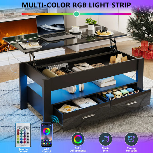 IMKHK Lift Top Coffee Table with Storage, Modern High Gloss LED Coffee Table with Hidden Compartment and 2 Drawers, Rectangle Center Table for Living Room with Charging Station, Black
