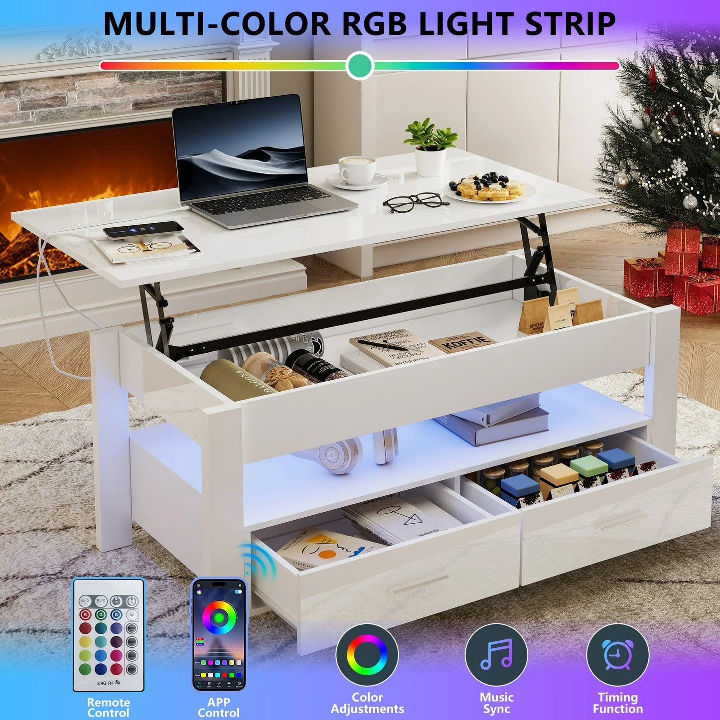 IMKHK Lift Top Coffee Table with Storage, Modern High Gloss LED Coffee Table with Hidden Compartment and 2 Drawers, Rectangle Center Table for Living Room with Charging Station, Black