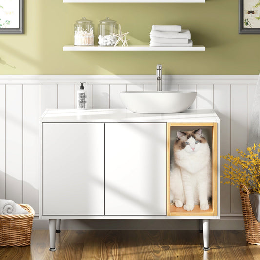 IMKHK Litter Pet Washroom with Litter Mat, Bathroom Sink Cabinet with 2 Press Doors, Cat Litter Box Enclosure Furniture for Bathroom, Large Hidden Indoor Cat House with Adjustable Foot Pads, White