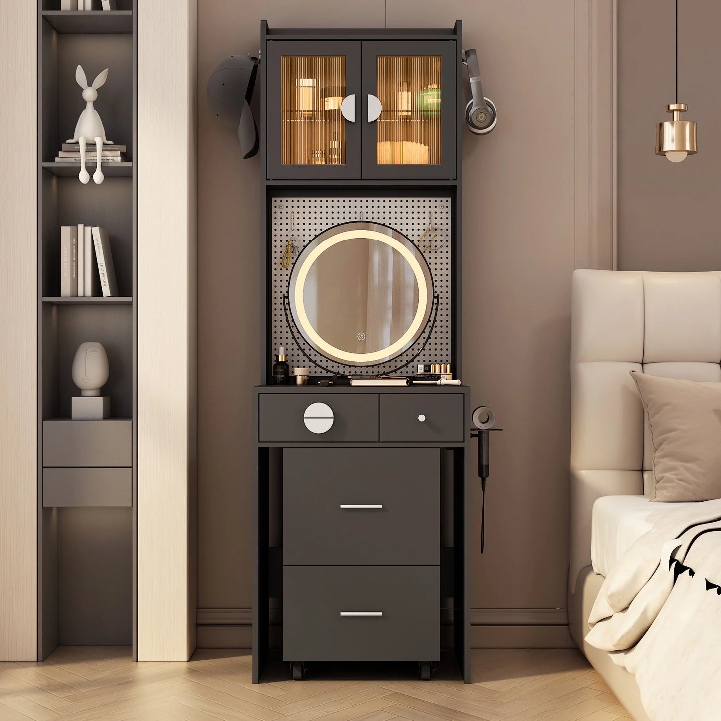 IMKHK Makeup Table Set with Light Mirror and LED Strip, Vanity Desk with Stool, 3 Drawers and DIY Pegboard, Makeup Dressing Table Set with Hair Dryer Rack and Charging Station for Girls Women, Wood