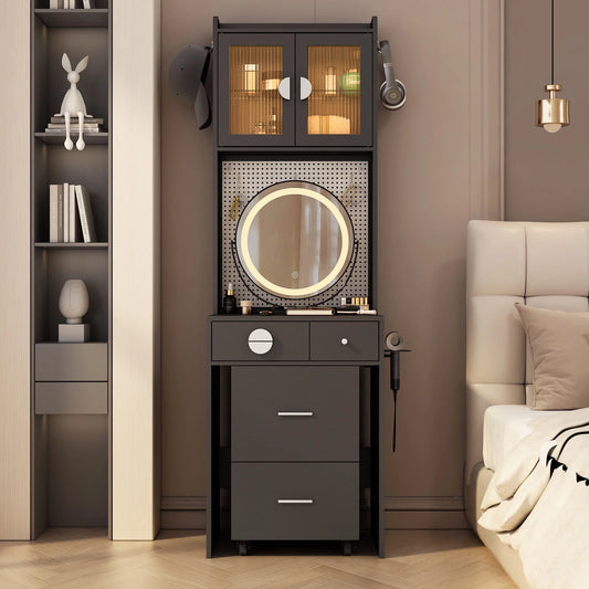 IMKHK Makeup Table Set with Light Mirror and LED Strip, Vanity Desk with Stool, 3 Drawers and DIY Pegboard, Makeup Dressing Table Set with Hair Dryer Rack and Charging Station for Girls Women, Wood