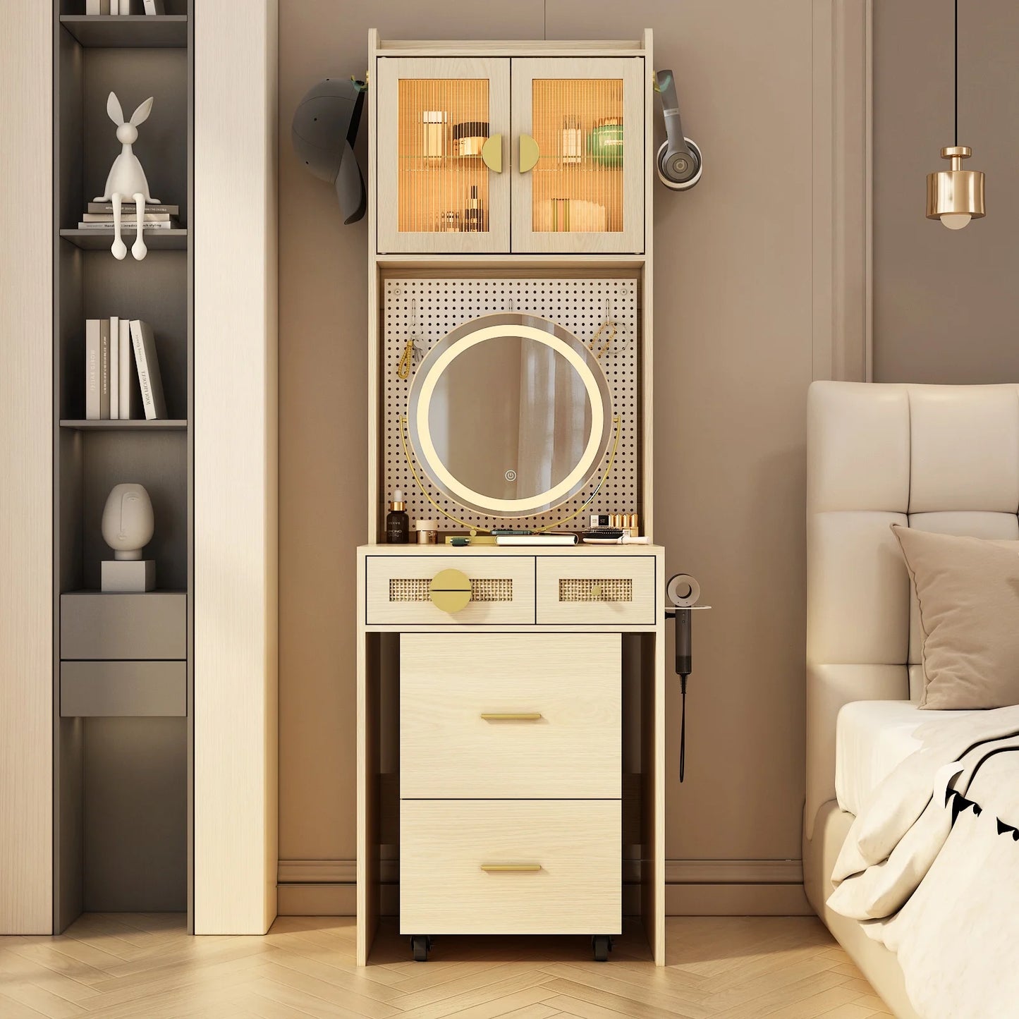 IMKHK Makeup Table Set with Light Mirror and LED Strip, Vanity Desk with Stool, 3 Drawers and DIY Pegboard, Makeup Dressing Table Set with Hair Dryer Rack and Charging Station for Girls Women, Wood