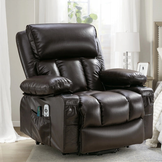 IMKHK Manual Recliner Chair, Modern Rocker Recliner Chair with Vibration Massage and Heat, Fabric Lounge Chair with 2 Cup Holders, USE Charge Port and Side Pocket for Living Room, Black Brown