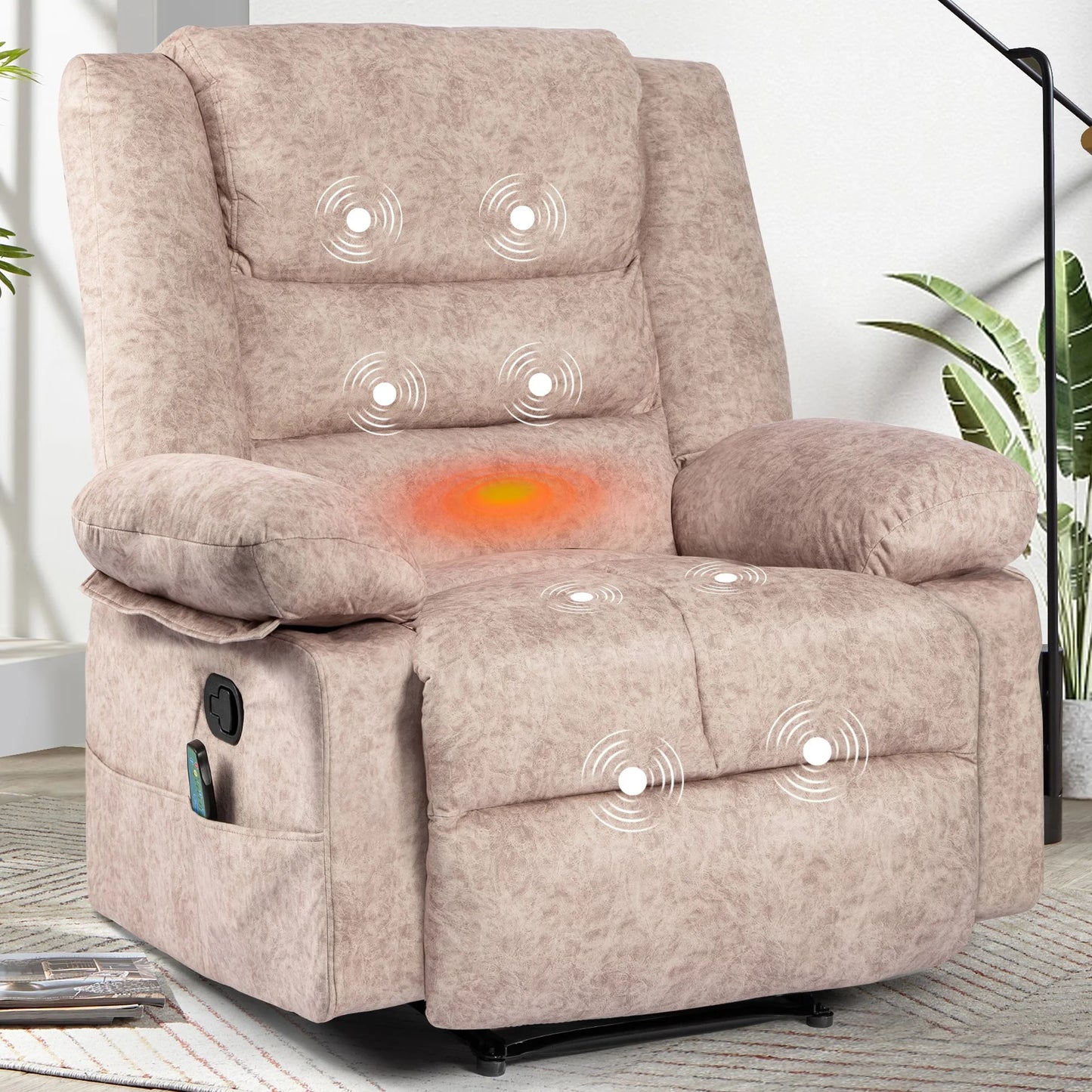 IMKHK Manual Recliner Chair with Vibration Massage and Heat Function for Adults, Ergonomic Lounge Chair for Living Room Bedroom with Side Pockets, Heavy Duty Reclining Mechanism Massage Chair, Beige