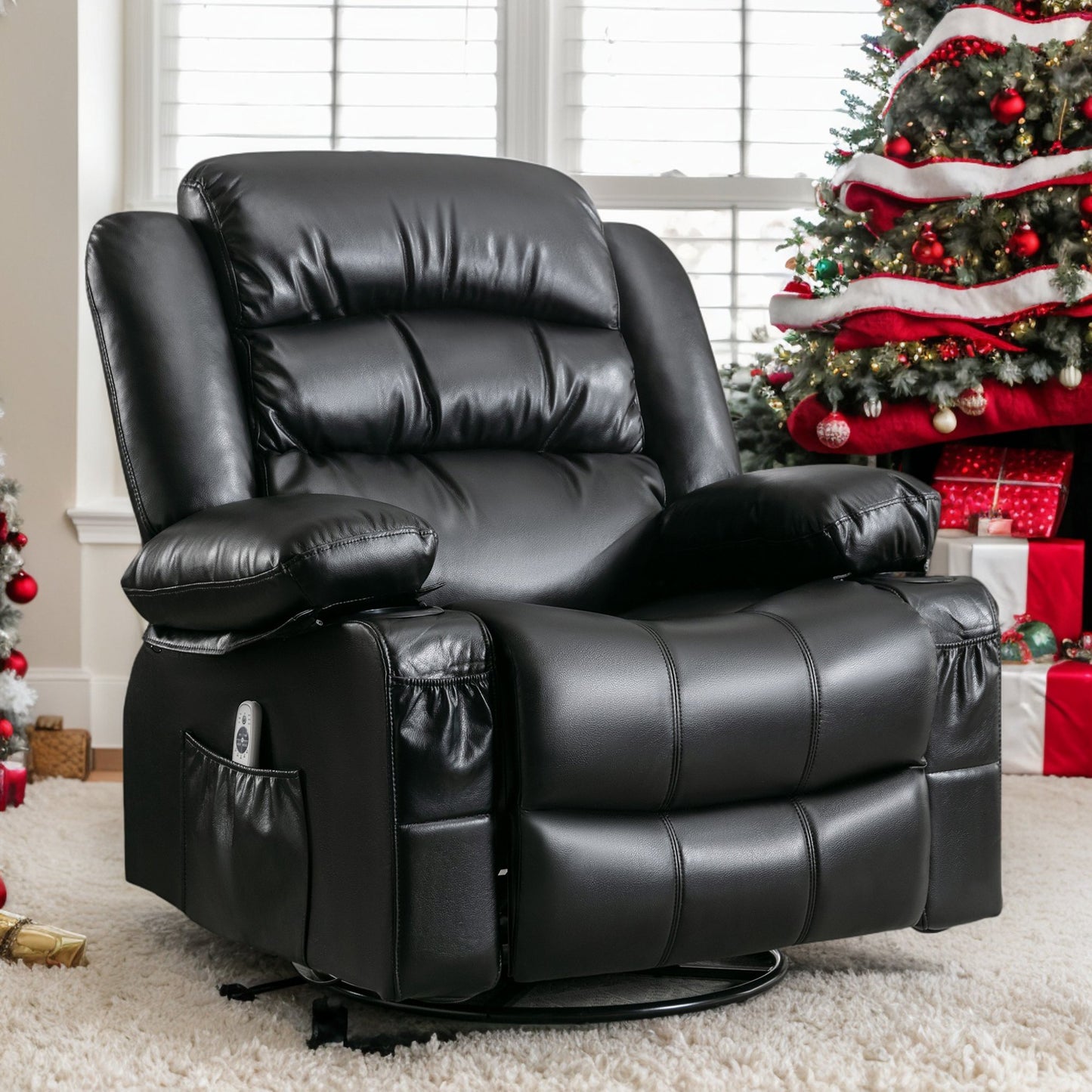 IMKHK Manual Rocker Recliner Chair with Vibration Massage and Heat, Swivel Recliner Chair Single Rocker Sofa with 2 Cup Holders, USB Port and Side Pockets, Ergonomic Lounge Chair for Bedroom, Brown