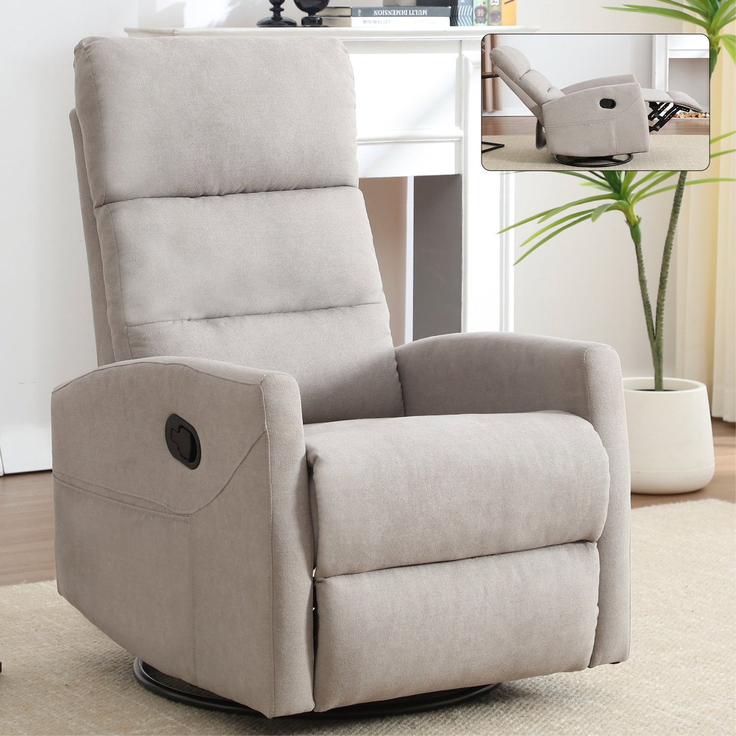 IMKHK Manual Swivel Rocker Recliner Chair with Side Pockets, Comfy Fabric Lounge Chair with Manual-Handle, Ergonomic Single Sofa Chair with Thick Foam Padding Backrest for Living Room Bedroom, Brown