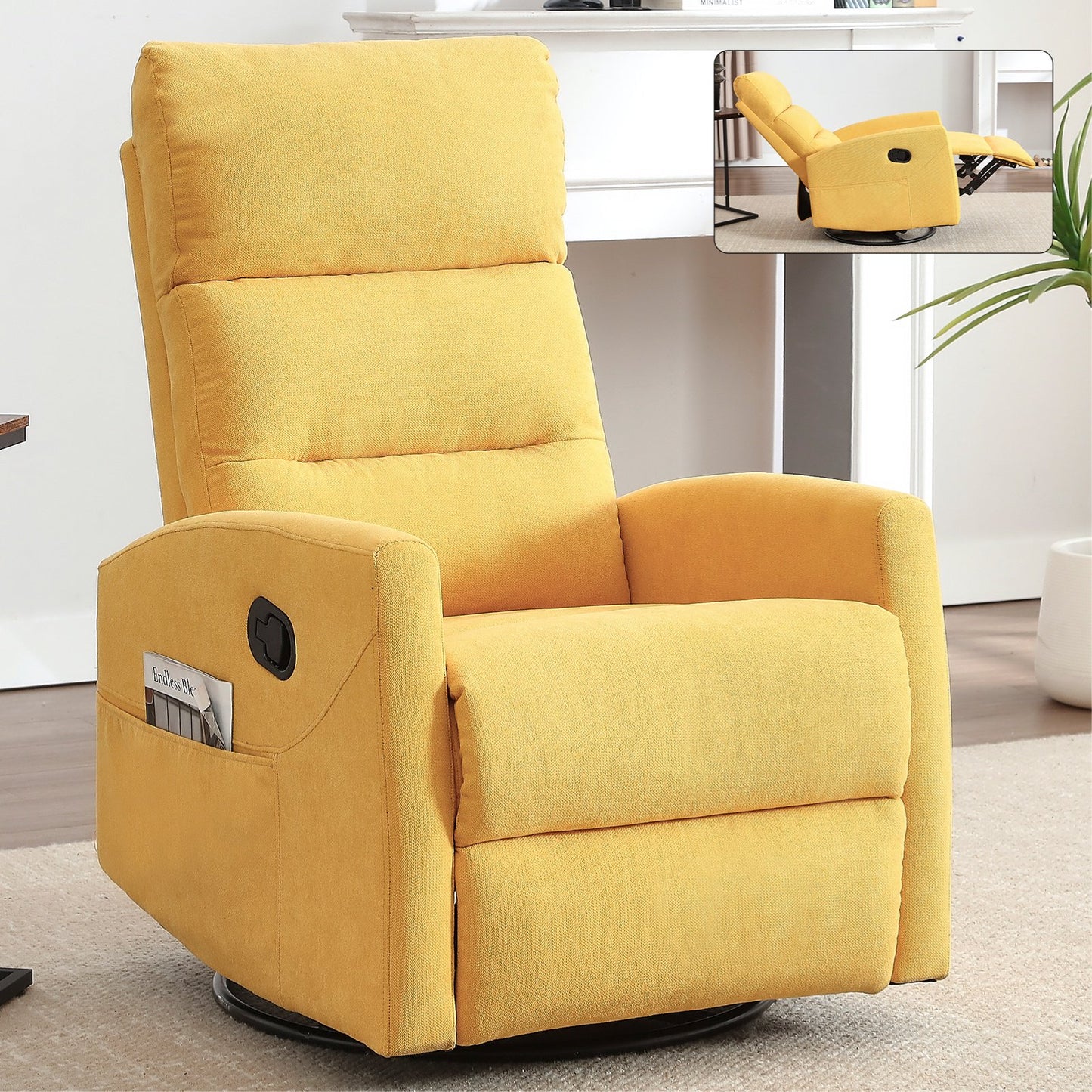 IMKHK Manual Swivel Rocker Recliner Chair with Side Pockets, Comfy Fabric Lounge Chair with Manual-Handle, Ergonomic Single Sofa Chair with Thick Foam Padding Backrest for Living Room Bedroom, Brown