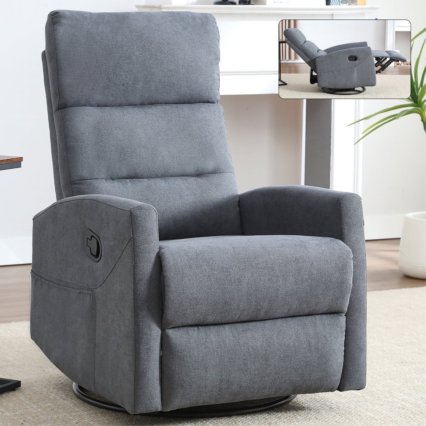 IMKHK Manual Swivel Rocker Recliner Chair with Side Pockets, Comfy Fabric Lounge Chair with Manual-Handle, Ergonomic Single Sofa Chair with Thick Foam Padding Backrest for Living Room Bedroom, Brown
