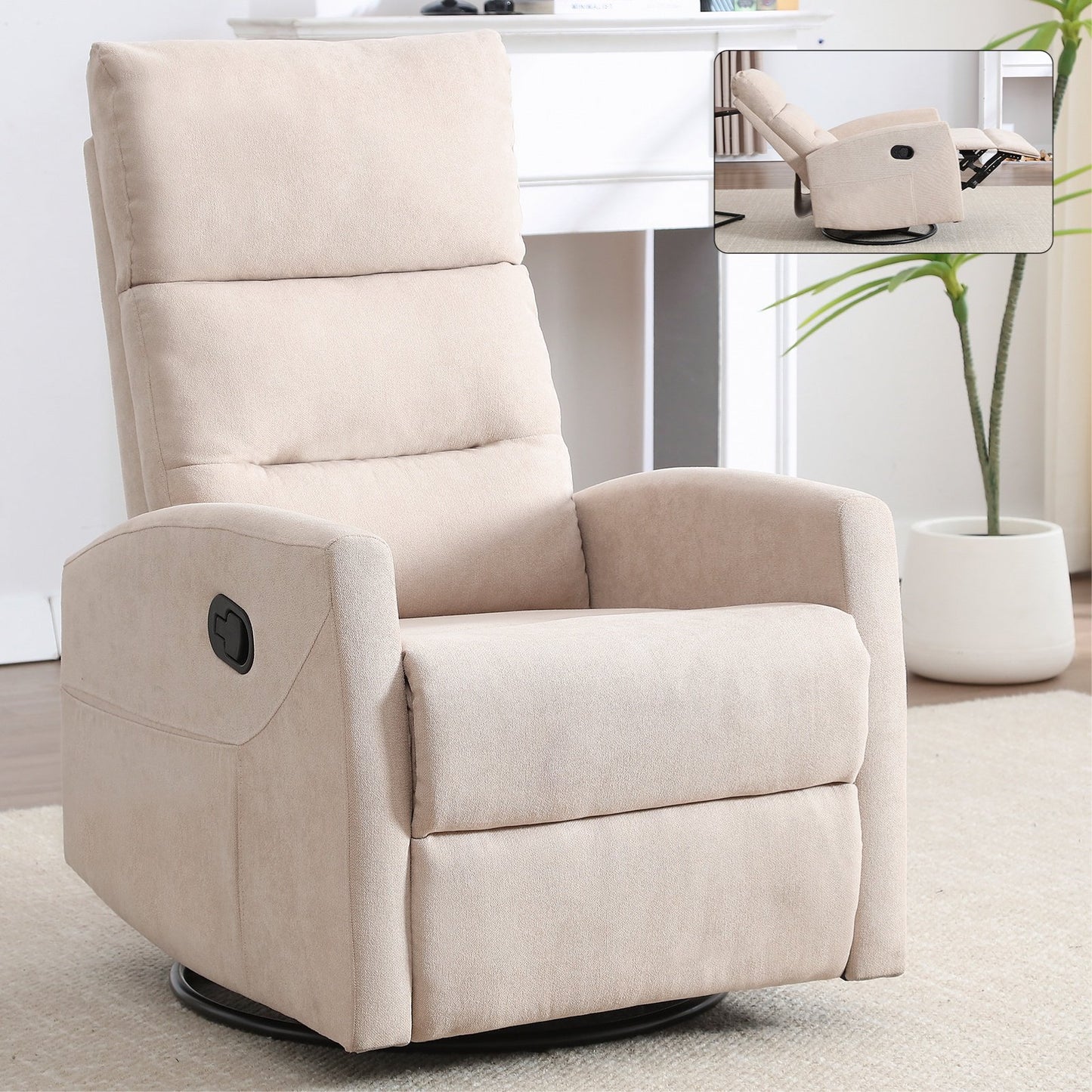 IMKHK Manual Swivel Rocker Recliner Chair with Side Pockets, Comfy Fabric Lounge Chair with Manual-Handle, Ergonomic Single Sofa Chair with Thick Foam Padding Backrest for Living Room Bedroom, Brown