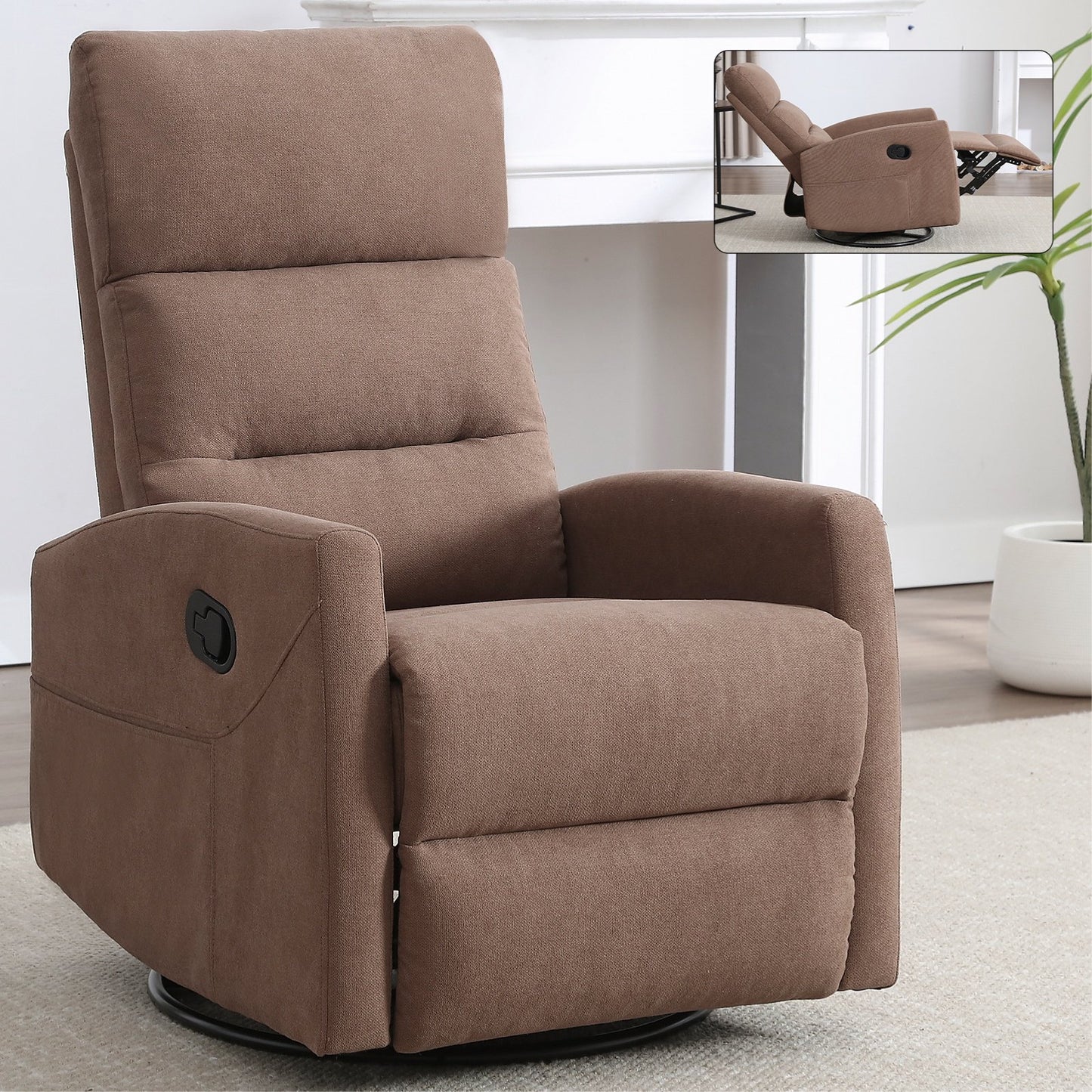 IMKHK Manual Swivel Rocker Recliner Chair with Side Pockets, Comfy Fabric Lounge Chair with Manual-Handle, Ergonomic Single Sofa Chair with Thick Foam Padding Backrest for Living Room Bedroom, Brown