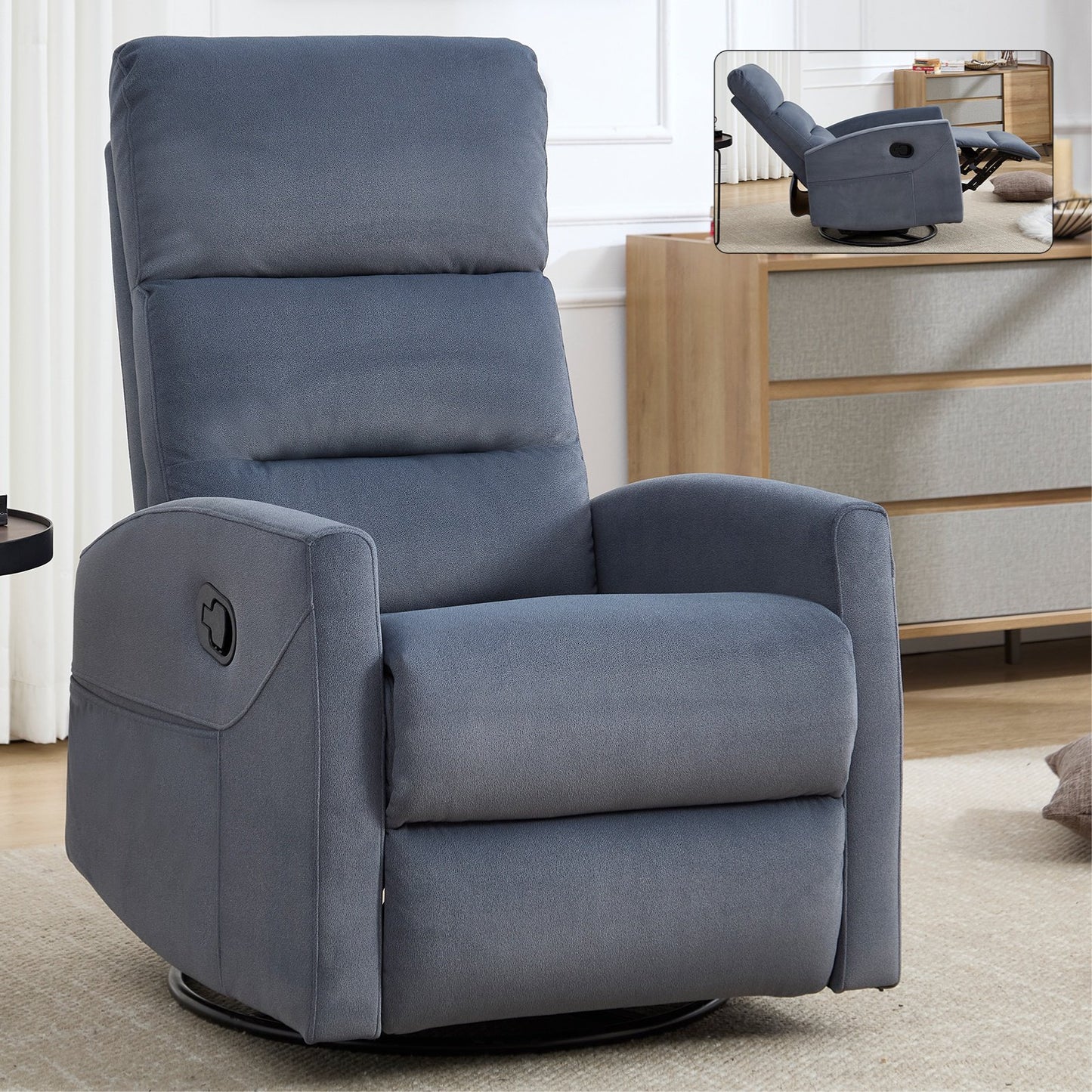 IMKHK Manual Swivel Rocker Recliner Chair with Side Pockets, Comfy Fabric Lounge Chair with Manual-Handle, Ergonomic Single Sofa Chair with Thick Foam Padding Backrest for Living Room Bedroom, Brown