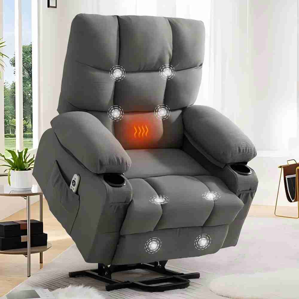 IMKHK Massage Rocker Recliner Chair for Adults, Power Lift Recliner Chair with Vibration Massage and Heat, Fabric Ergonomic Lounge Chair with Side Pockets, 2 Cup Holders and USB Charge Port, Gray