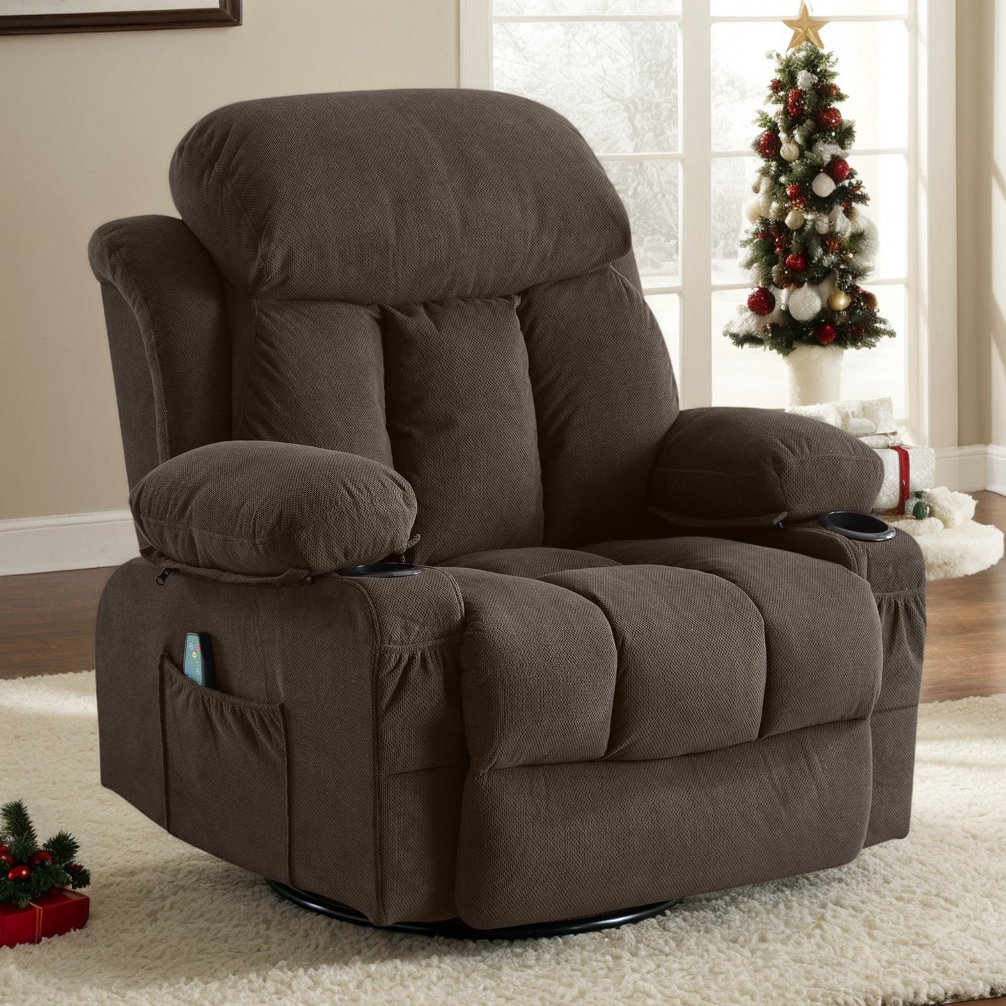 IMKHK Massage Rocker Recliner Chair, Manual Fabric Lounge Chair with Heat and Massage for Adults, Swivel Recliner Chair with Side Pockets, 2 Cup Holders, USB Charge Port for Living Room, Brown