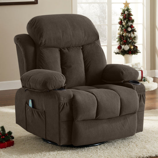 IMKHK Massage Rocker Recliner Chair, Manual Fabric Lounge Chair with Heat and Massage for Adults, Swivel Recliner Chair with Side Pockets, 2 Cup Holders, USB Charge Port for Living Room, Brown