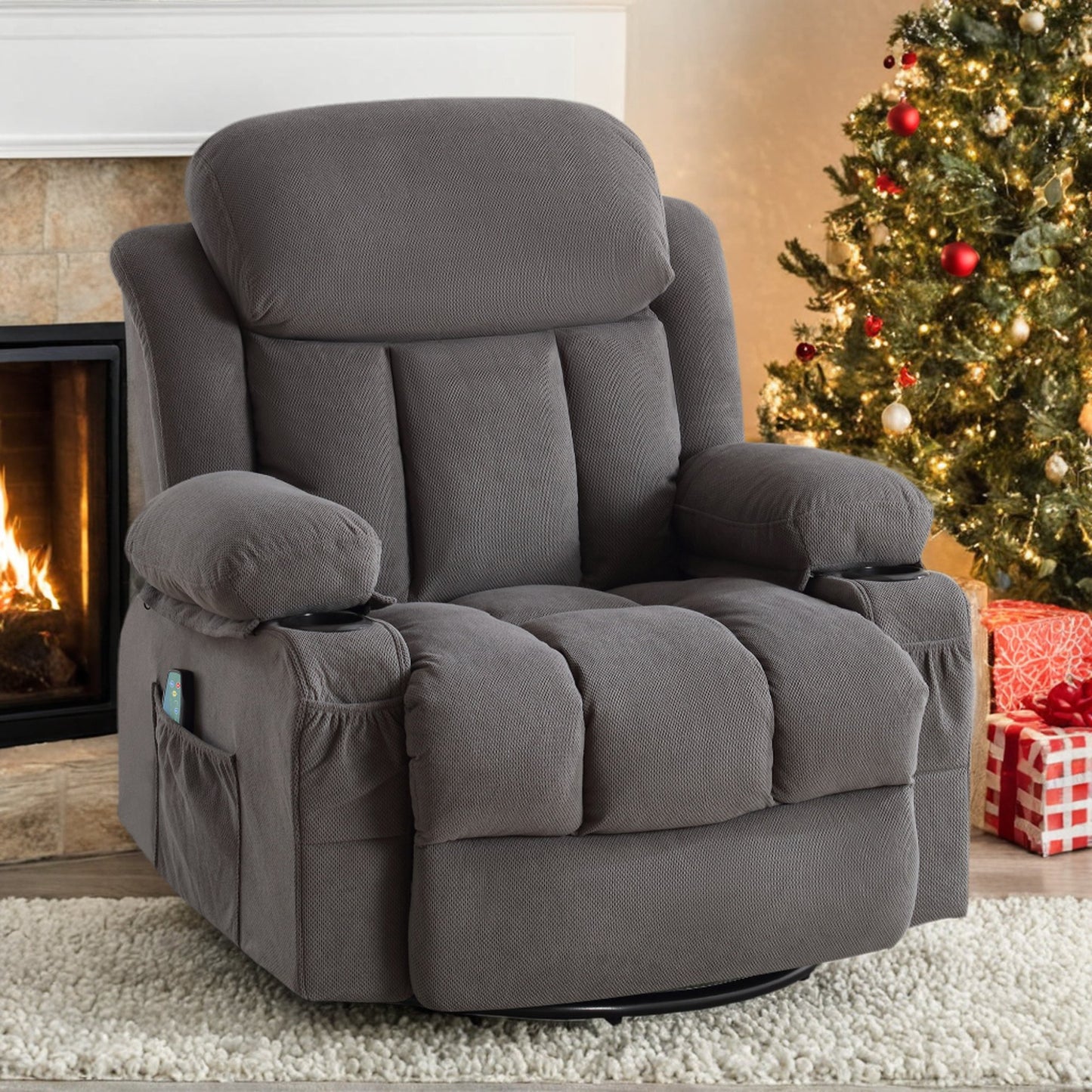 IMKHK Massage Rocker Recliner Chair, Manual Fabric Lounge Chair with Heat and Massage for Adults, Swivel Recliner Chair with Side Pockets, 2 Cup Holders, USB Charge Port for Living Room, Brown