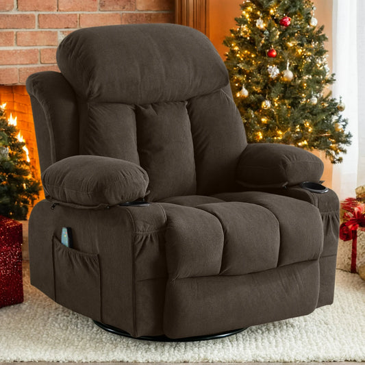 IMKHK Massage Rocker Recliner Chair, Modern Fabric Lounge Chair with Heat and Massage for Adults, Swivel Recliner Chair with Side Pockets, 2 Cup Holders, USB Charge Port for Living Room, Brown