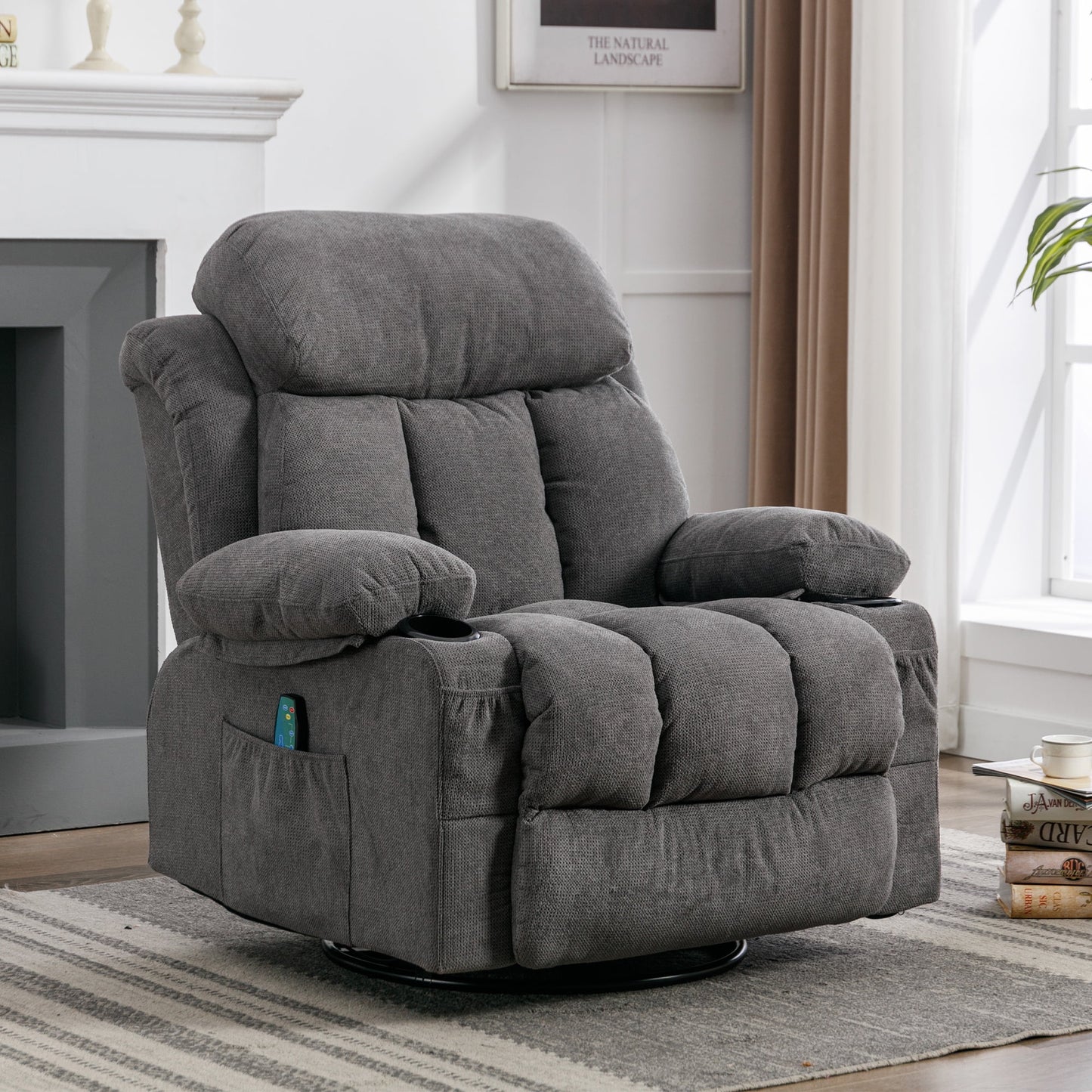IMKHK Massage Rocker Recliner Chair, Modern Fabric Lounge Chair with Heat and Massage for Adults, Swivel Recliner Chair with Side Pockets, 2 Cup Holders, USB Charge Port for Living Room, Gray