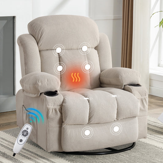 IMKHK Rocker Recliners with Heat and Massage for Adults, Manual Swivel Rocking Recliner Chair with USB Port, Side Pockets, Cup Holders, 24.4in Single Fabric Lounge Sofa Chair for Living Room, Beige