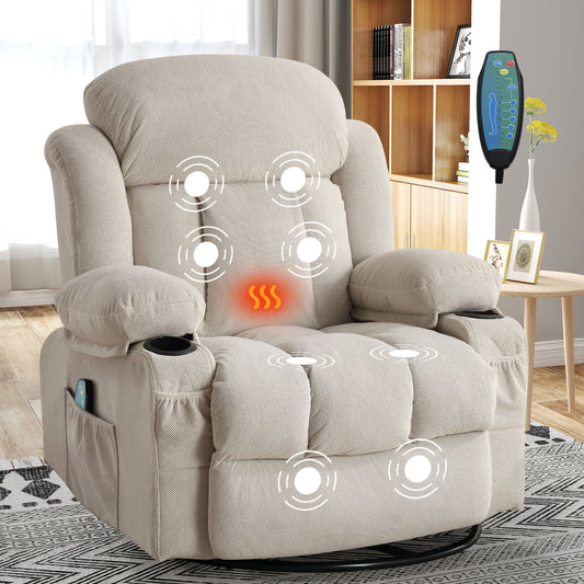 IMKHK Massage Rocker Recliner Chair, Modern Fabric Lounge Chair with Heat and Massage for Adults, Swivel Recliner Chair with Side Pockets, 2 Cup Holders, USB Charge Port for Living Room, Beige