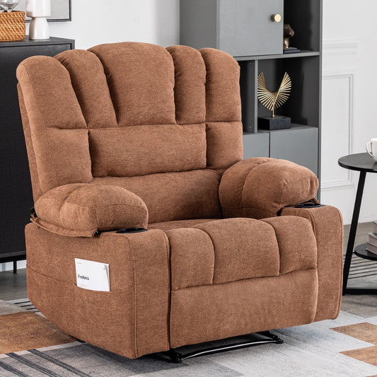 IMKHK Massage Rocker Recliner Chair, Modern Manual Recliner Chair with Heat and Massage for Adults, Comfy Fabric Ergonomic Lounge Chair with Side Pocket and 2 Cup Holders for Living Room, Brown
