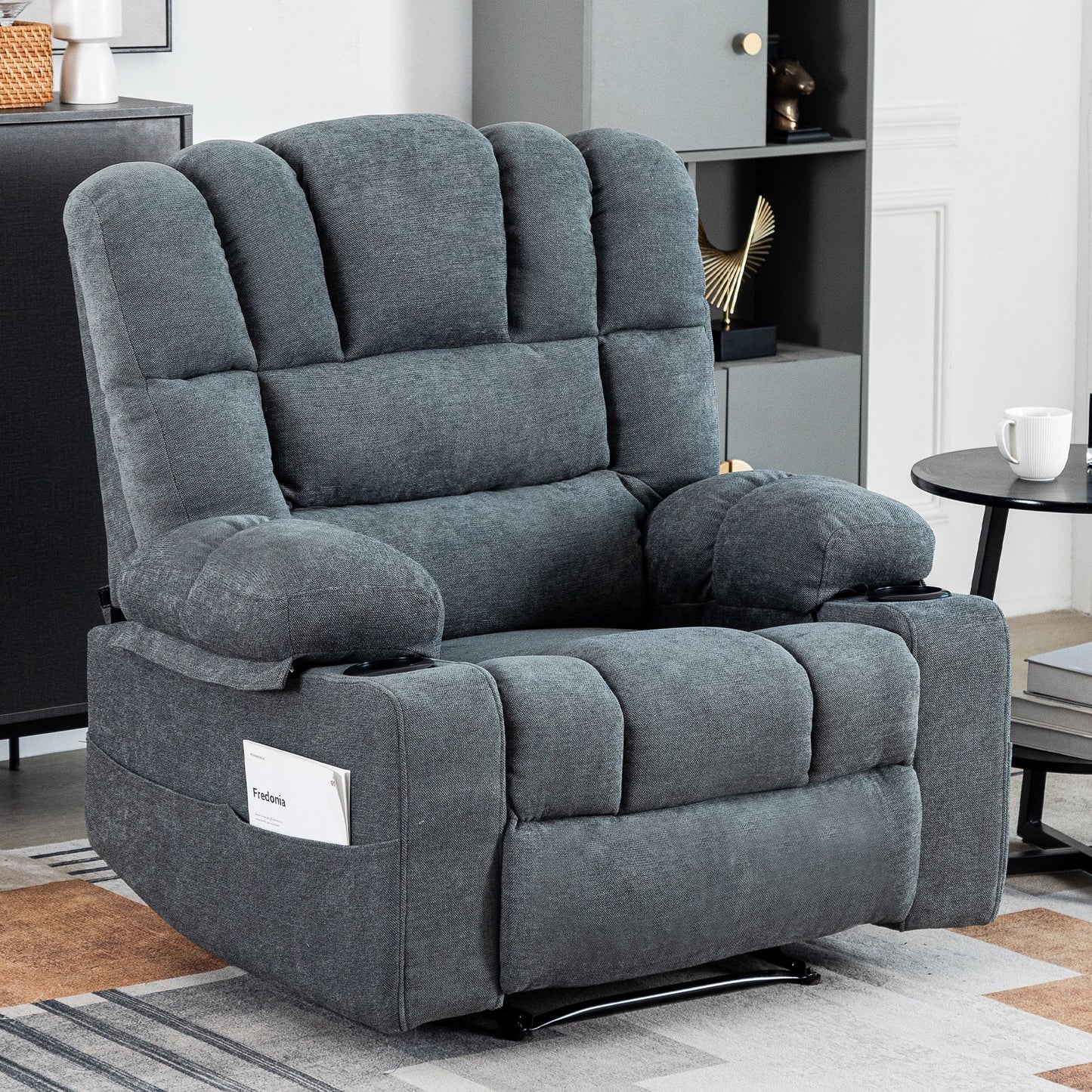 IMKHK Massage Rocker Recliner Chair, Modern Manual Recliner Chair with Heat and Massage for Adults, Comfy Fabric Ergonomic Lounge Chair with Side Pocket and 2 Cup Holders for Living Room, Brown