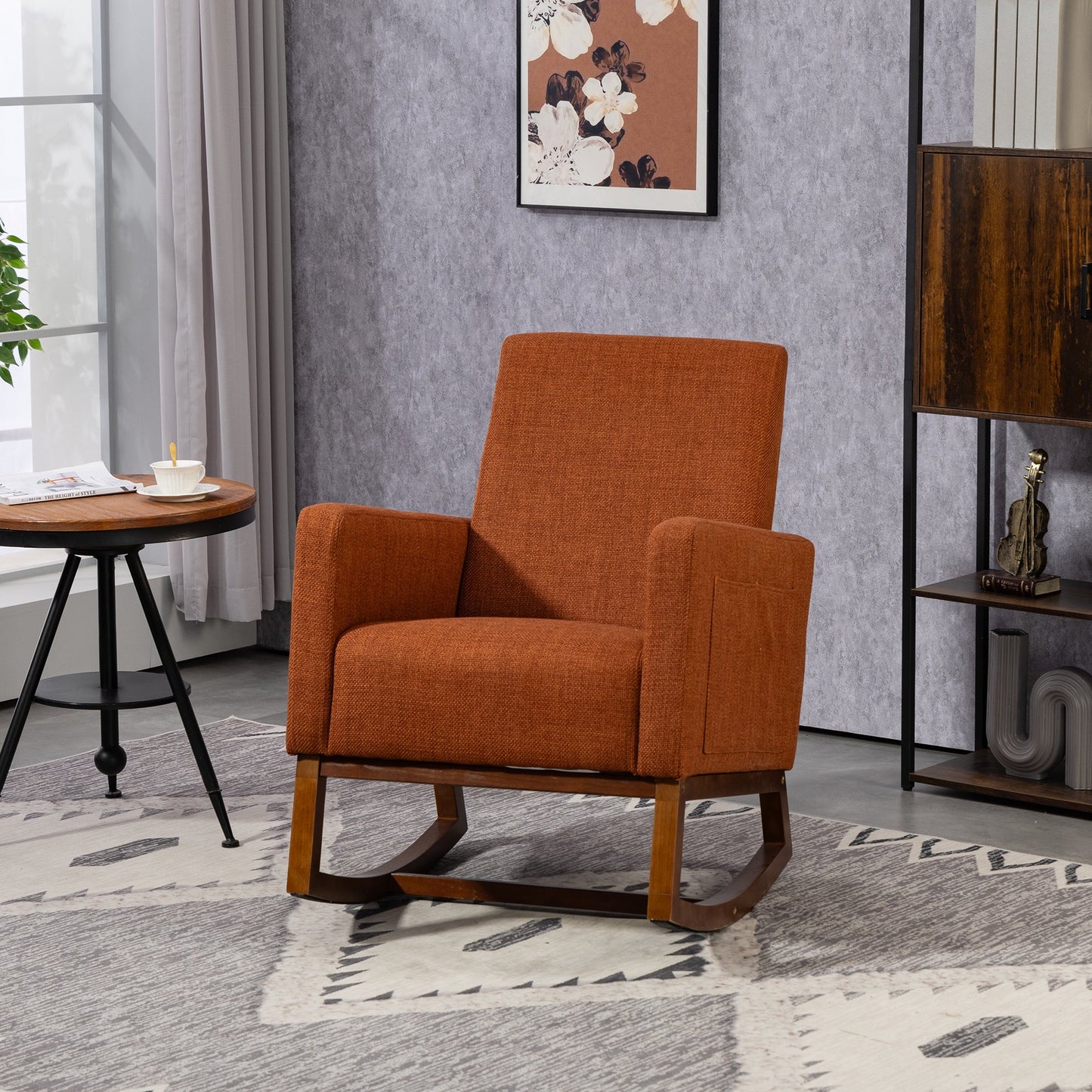 IMKHK Mid-Century Rocking Nursery Chair with Side Pockets, Upholstered Accent Chair with Strong Solid Wood Frame, Modern Linen Fabric Glider Rocker for Living Room Bedroom Balcony, Brown