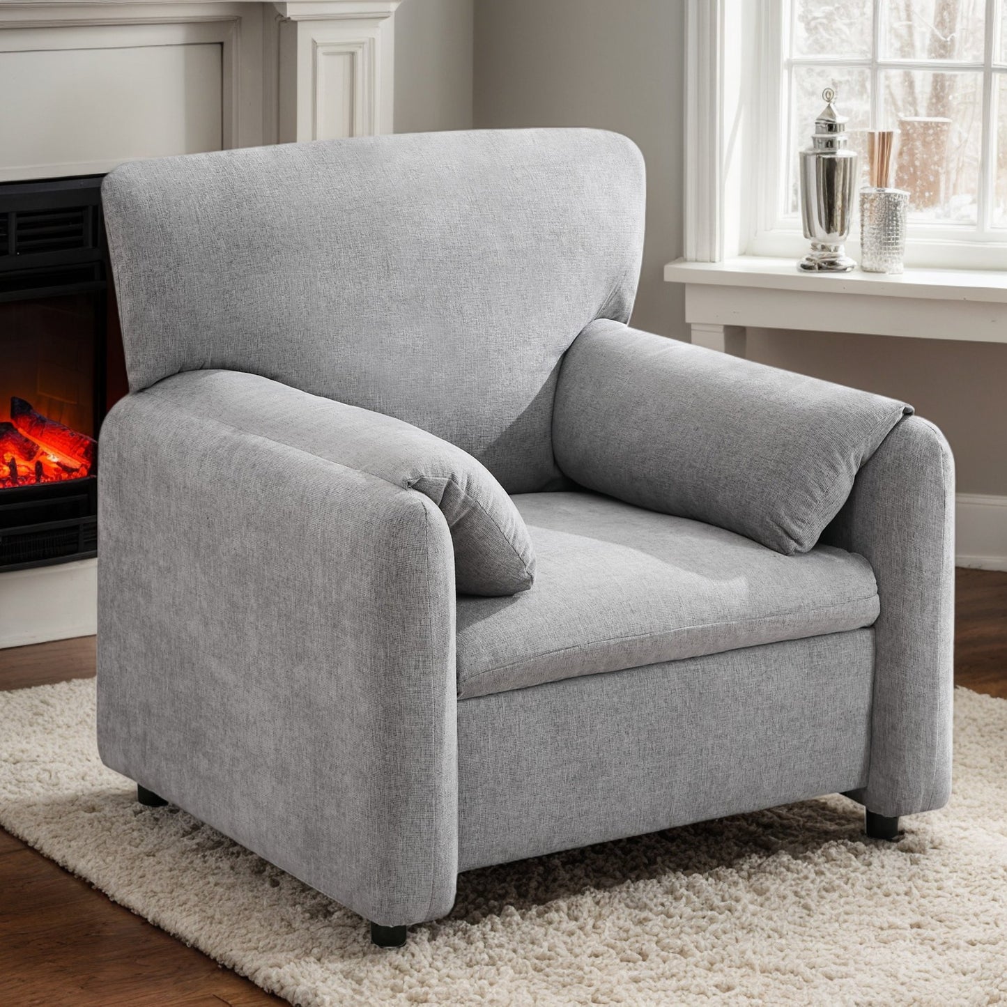 IMKHK Modern 38" Wide Accent Chair, Comfy Single Sofa Chair with 2 Bread-style Armrests, Leisure Chenille Armchair with Thickened Cushion Seat, Reception Chair for Living Room Bedroom, Beige