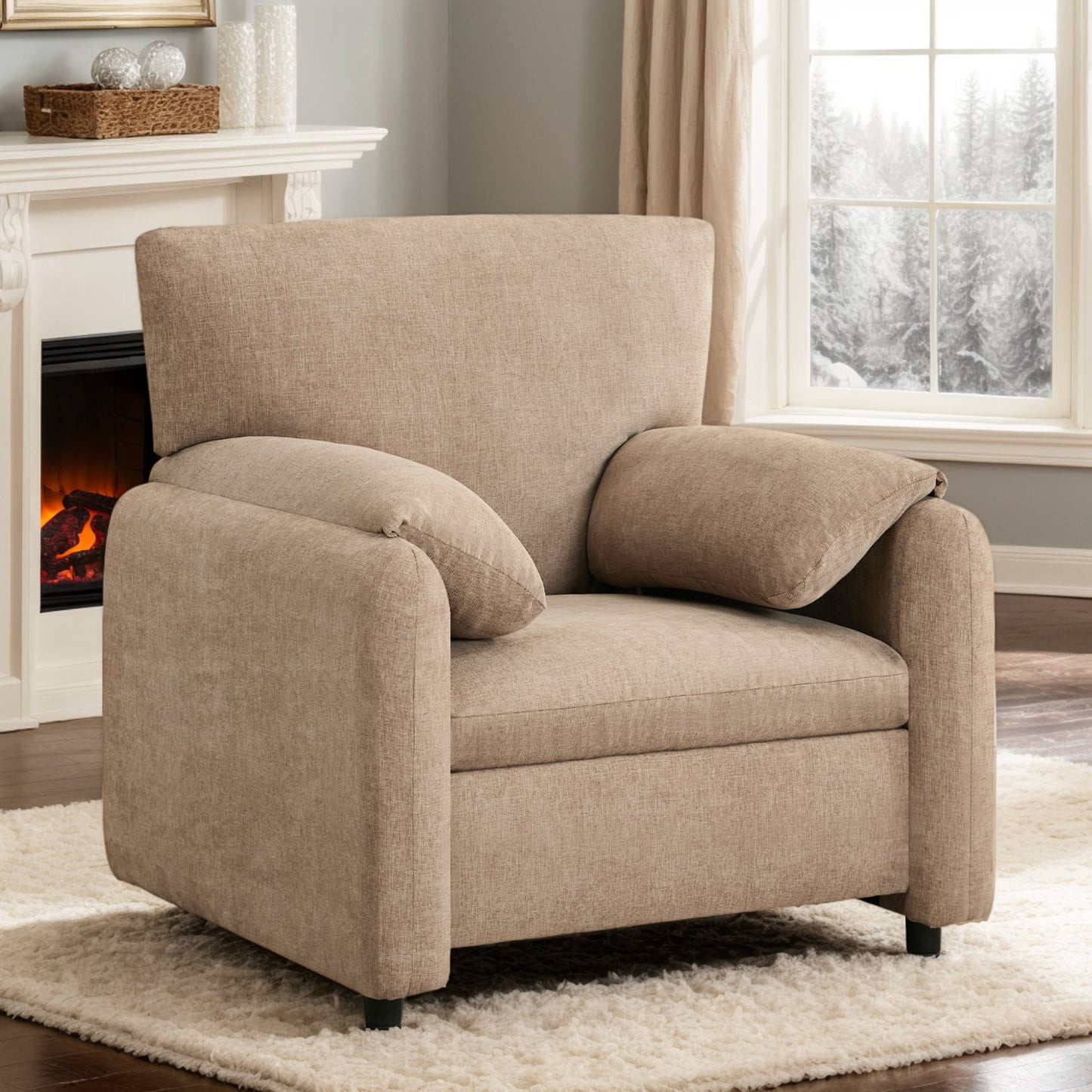 IMKHK Modern 38" Wide Accent Chair, Comfy Single Sofa Chair with 2 Bread-style Armrests, Leisure Chenille Armchair with Thickened Cushion Seat, Reception Chair for Living Room Bedroom, Beige