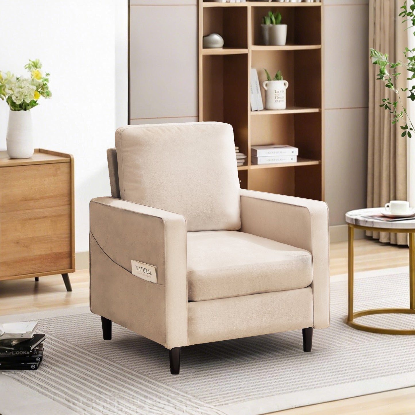 IMKHK Modern Accent Chair with Side Pockets, Linen Fabric Upholstered Comfy Single Sofa Chair with Thickened Cushion, Mid-Century Armchair with Strong Frame for Living Room Bedroom, Dark Gray
