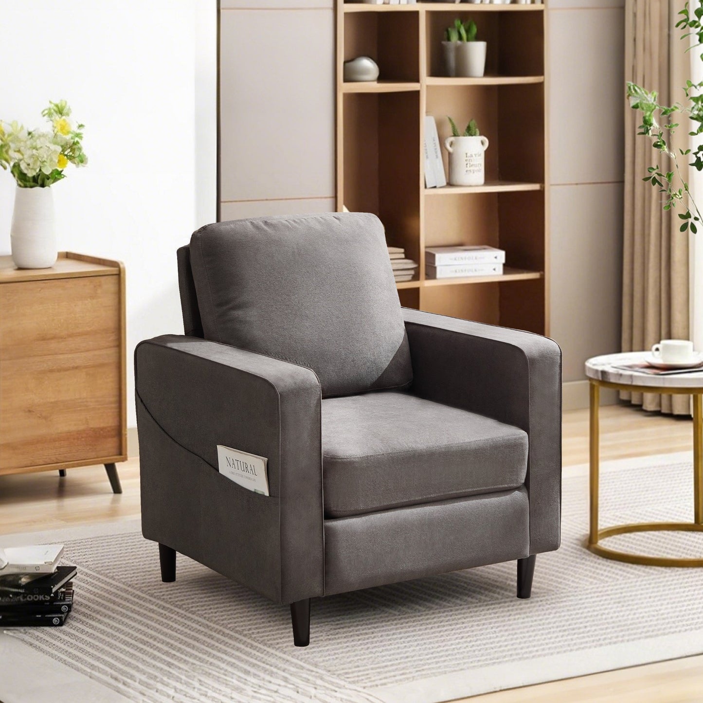 IMKHK Modern Accent Chair with Side Pockets, Linen Fabric Upholstered Comfy Single Sofa Chair with Thickened Cushion, Mid-Century Armchair with Strong Frame for Living Room Bedroom, Dark Gray