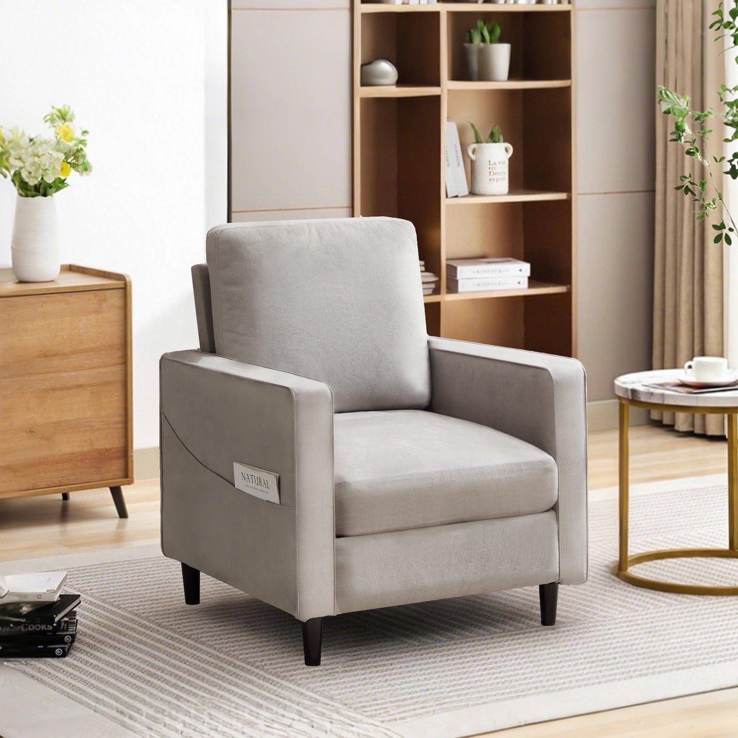 IMKHK Modern Accent Chair with Side Pockets, Linen Fabric Upholstered Comfy Single Sofa Chair with Thickened Cushion, Mid-Century Armchair with Strong Frame for Living Room Bedroom, Dark Gray