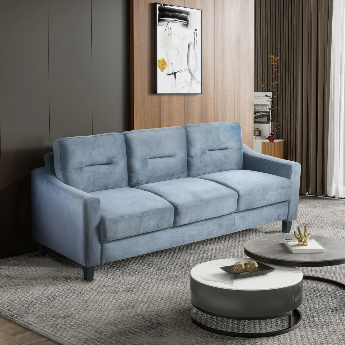 IMKHK Modular Sofa Couch with Deep Seats, Contemporary 3-Seat Sofa with Comfy Upholstered Cushions and Backrest, Elegant Velvet Couch with Tapered Legs for Small Place Living Room Apartment, Black