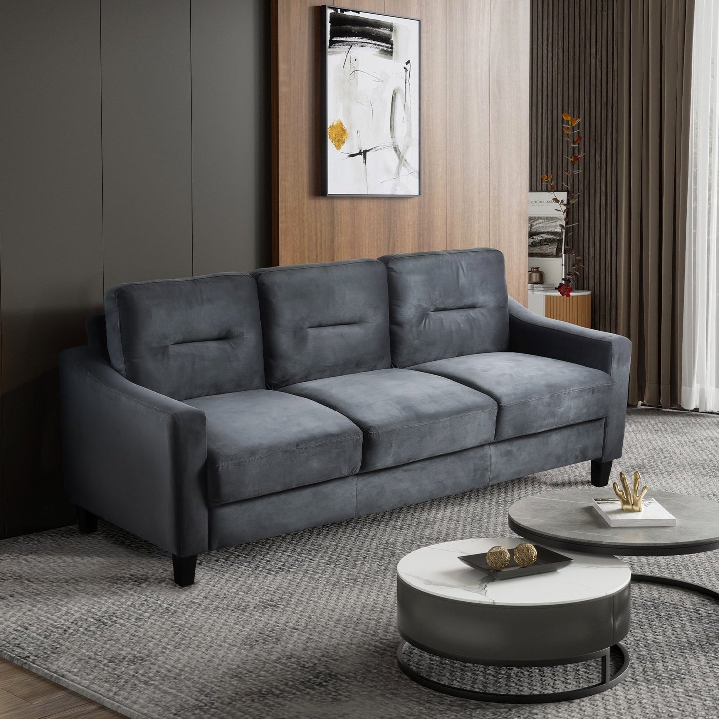 IMKHK Modular Sofa Couch with Deep Seats, Contemporary 3-Seat Sofa with Comfy Upholstered Cushions and Backrest, Elegant Velvet Couch with Tapered Legs for Small Place Living Room Apartment, Black