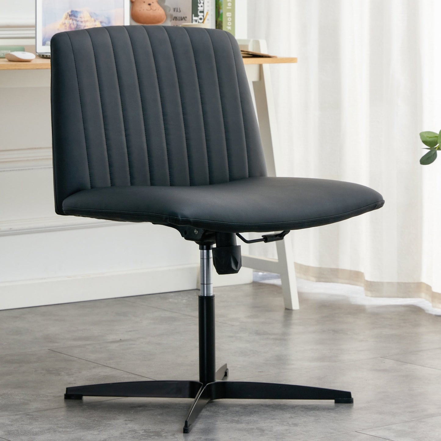 IMKHK Office Chair No Wheels, PU Leather Swivel Cross Criss Legged Computer Chairs, Comfy Armless Padded Seat Desk Chair for Small Place, Adjustable Vanity Chair for Office Bedroom Dressing Room