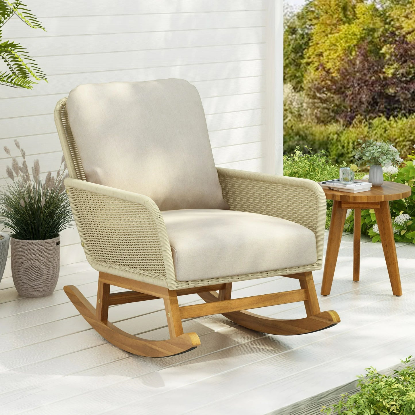 IMKHK Outdoor Wicker Rocking Chair, Modern Rattan Patio Rocker Chair with Thickened Cushions and Wooden Frame, All-Weather Rocker Wicker Chair for Porch, Garden, Backyard, Patio and Balcony, Gray