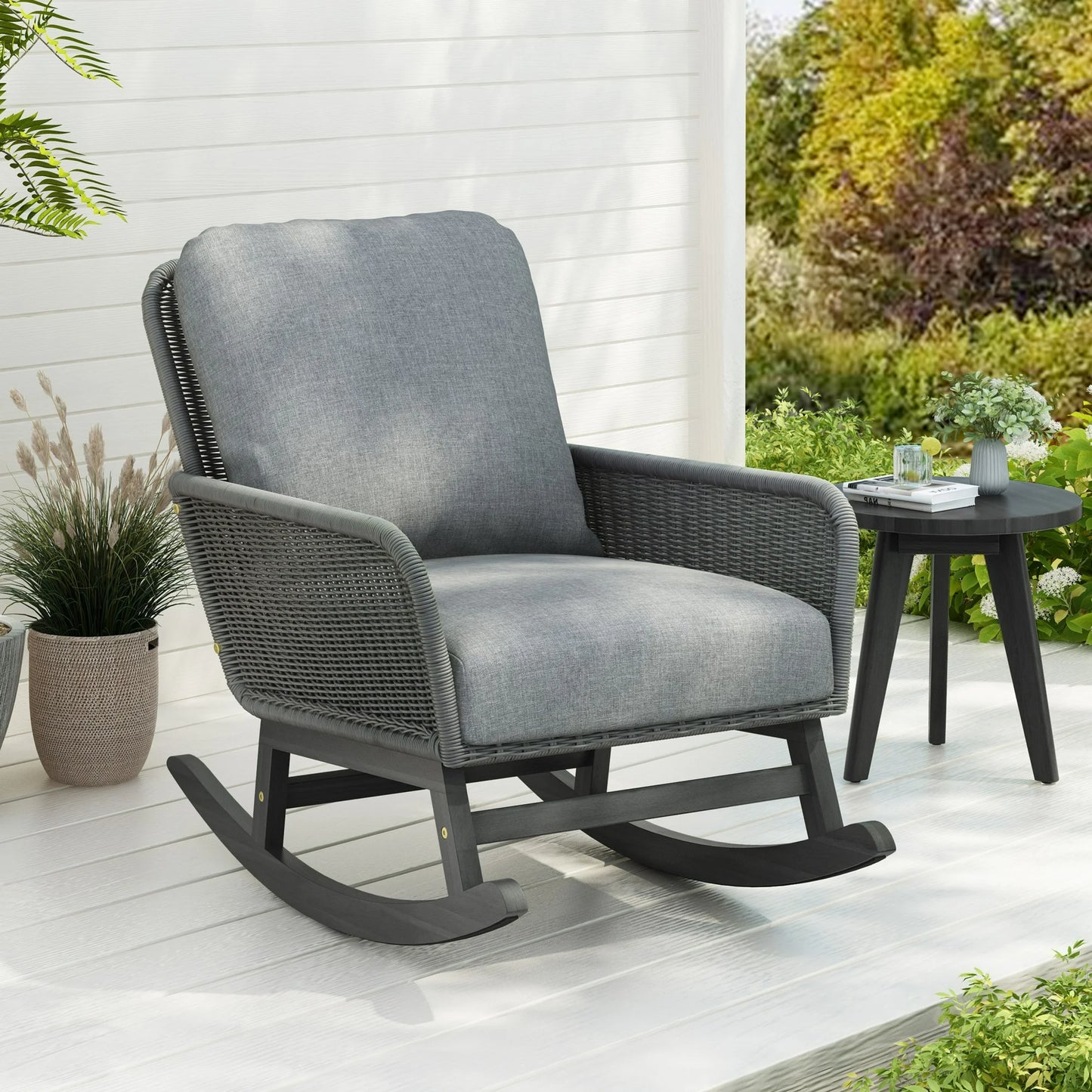 IMKHK Outdoor Wicker Rocking Chair, Modern Rattan Patio Rocker Chair with Thickened Cushions and Wooden Frame, All-Weather Rocker Wicker Chair for Porch, Garden, Backyard, Patio and Balcony, Gray