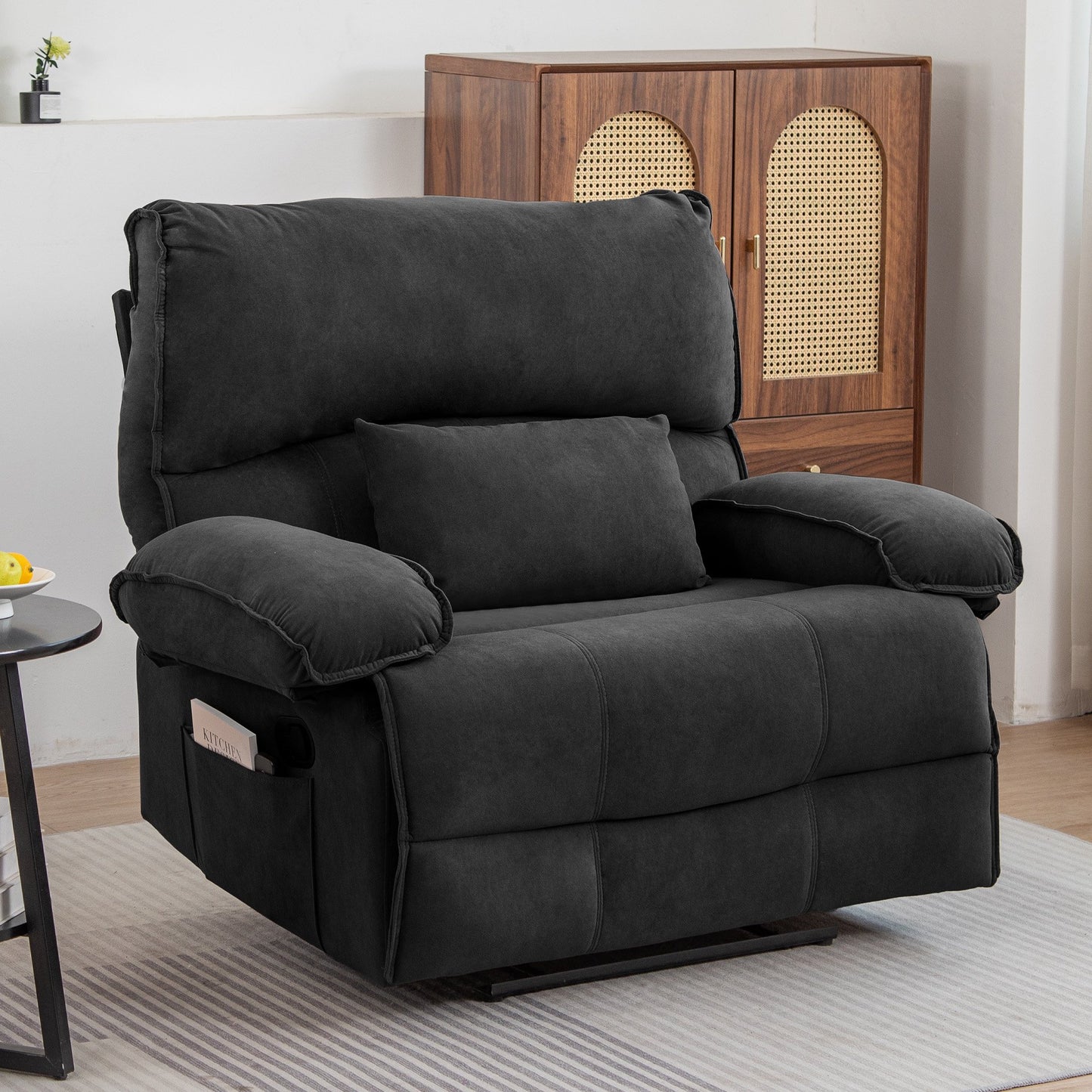 IMKHK Oversized Massage Rocker Recliner Chair, Modern Manual Recliner Chair with Massage Heated Pillow for Adults, Comfy Fabric Ergonomic Lounge Chair with Side Pocket for Living Room, Brown