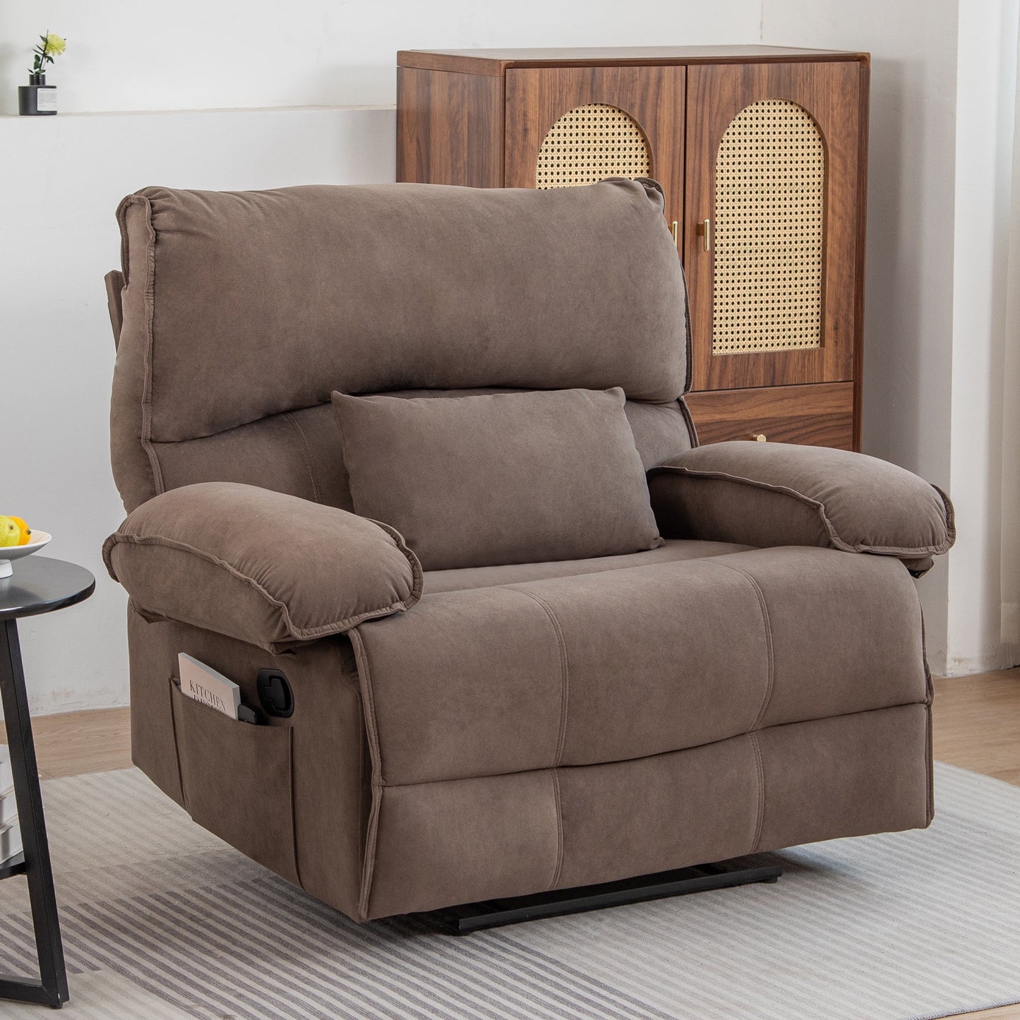 IMKHK Oversized Massage Rocker Recliner Chair, Modern Manual Recliner Chair with Massage Heated Pillow for Adults, Comfy Fabric Ergonomic Lounge Chair with Side Pocket for Living Room, Brown