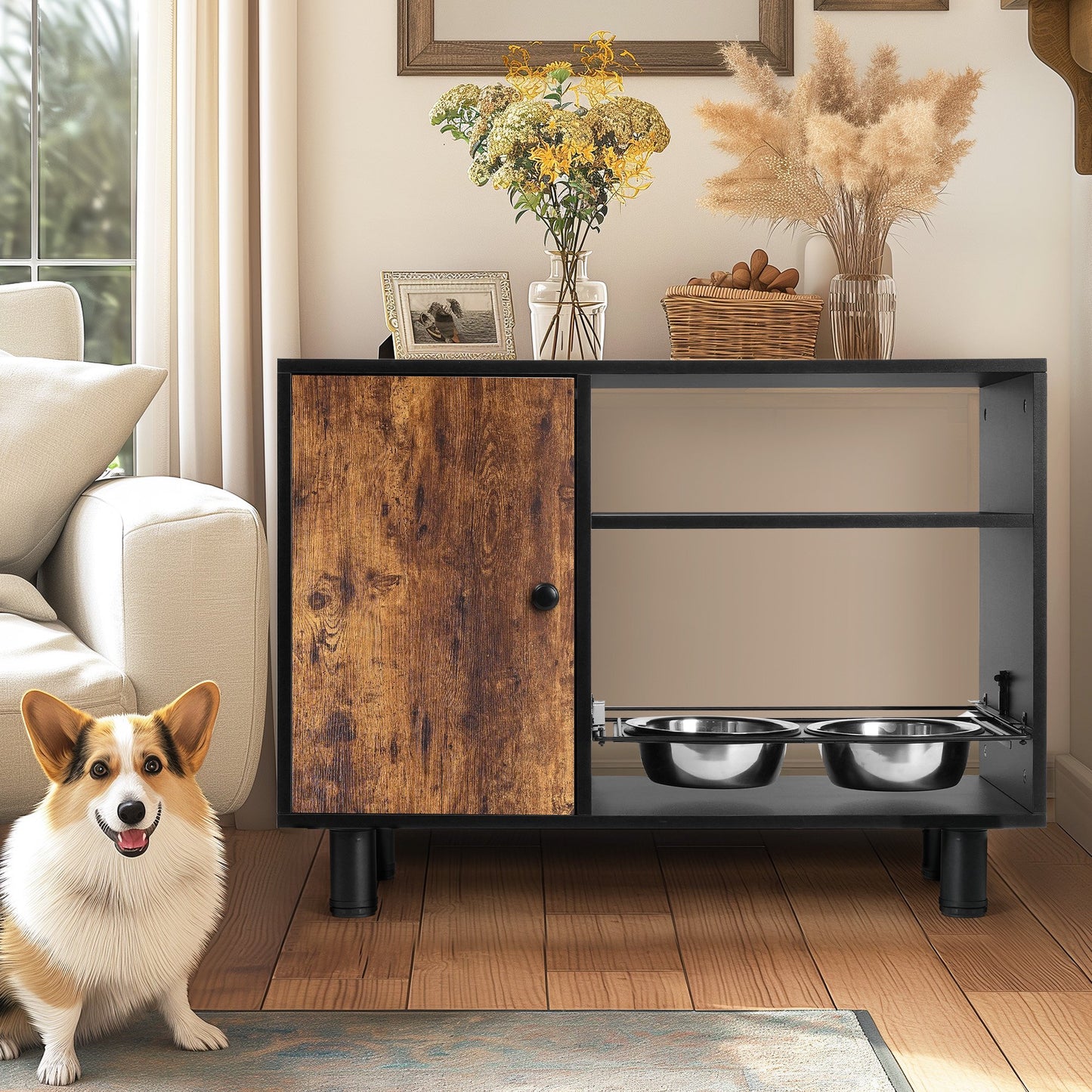 IMKHK Pet Feeder Station with 2 Stainless Steel Bowls, Dog Food Storage Container with Storage Cabinet and Shelves, Dog Feeding Station with Pull-Out Raised Bowls for Large Medium Dogs Cats, Black