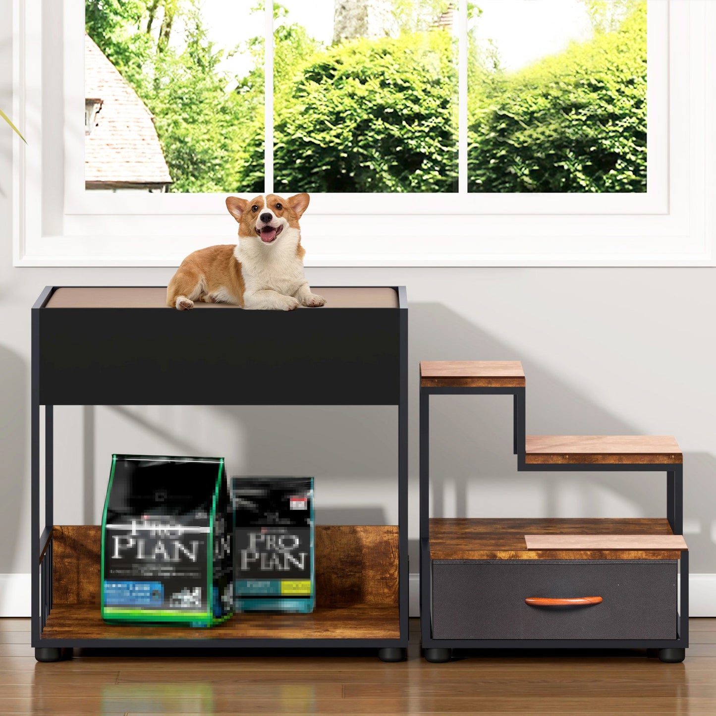 IMKHK Pet Step Window Perch with Storage Cabinet, Dog Bunk Beds with Stairs, Sponge and Non-Slip Pad, Multi-Level Pet Lounge Elevated Bed with Scratching Board and Doodle Board for Cats Dogs, Brown